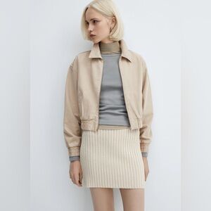 MNG Mango Beige Denim Bomber Jacket Womens Sz Large Minimalist Casual